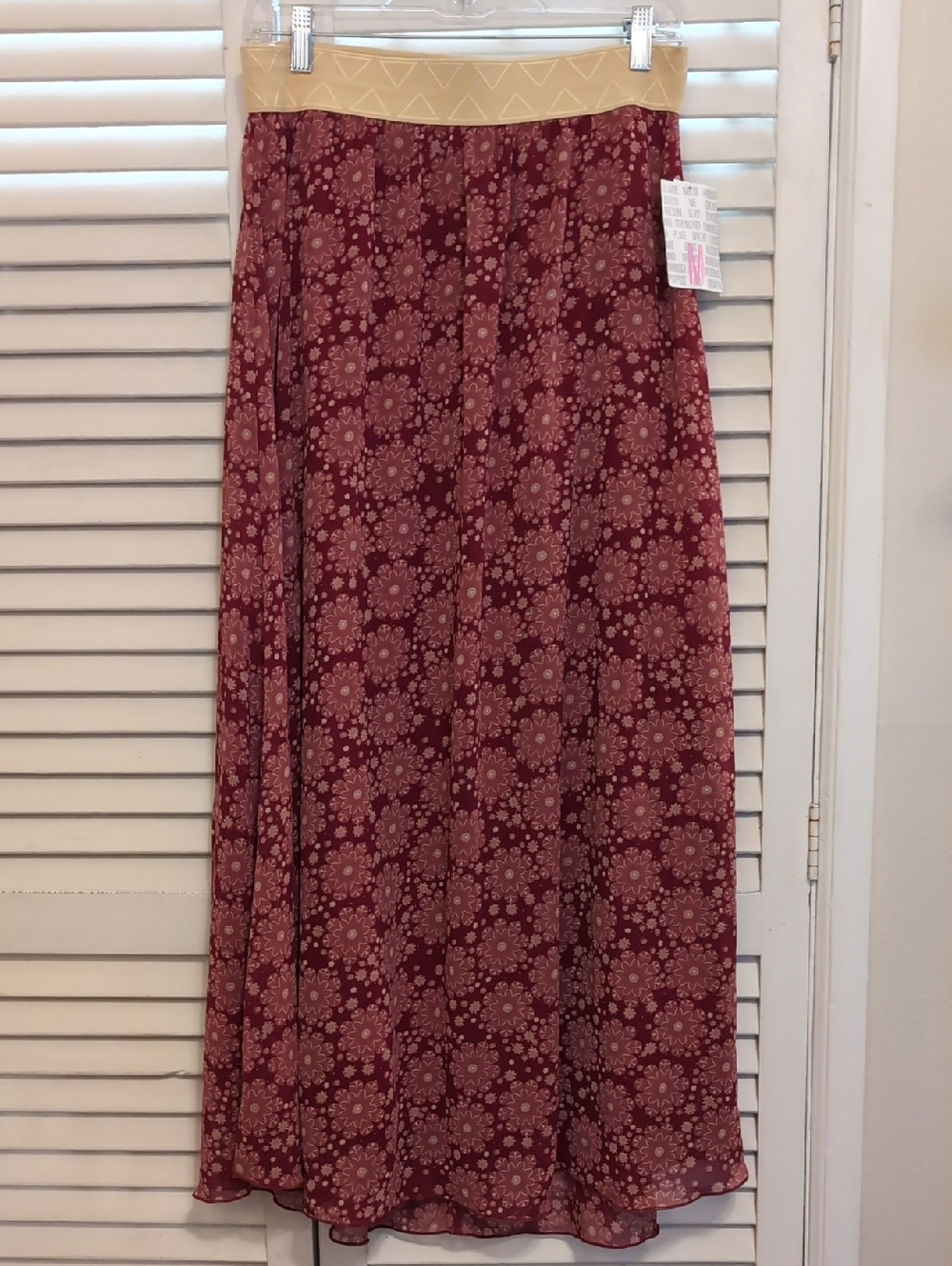 LuLaRoe Lucy Burgundy Floral Maxi Skirt with Gold Waistband